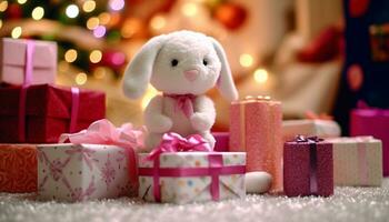 A cute toy bear wrapped in a bright gift box generated by AI photo