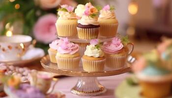 Homemade baked cupcake with pink icing, flower decoration, and chocolate generated by AI photo