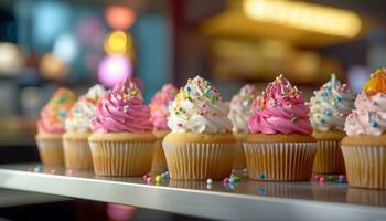 A cute homemade cupcake with pink icing and multi colored decoration generated by AI photo