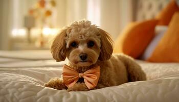 Cute puppy lying on bed, looking at camera, fluffy fur generated by AI photo