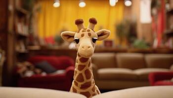 A cute giraffe toy sits on a comfortable sofa indoors generated by AI photo