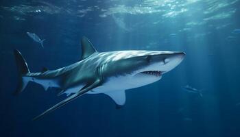 Majestic underwater adventure blue danger, sharp teeth, giant blacktip reef shark generated by AI photo