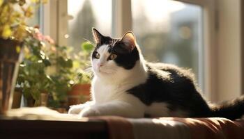 Cute kitten sitting on a soft sofa, staring at camera generated by AI photo