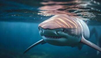 sonriente pescado nadando en majestuoso azul mar, submarino aventuras generado por ai foto