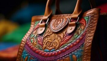 de moda cuero bolso con intrincado modelo y elegante encargarse de diseño generado por ai foto