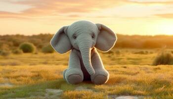 Cute young elephant walking in African meadow, enjoying the sunset generated by AI photo