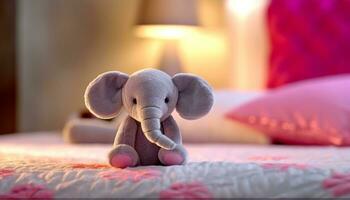 Cute small elephant toy on a comfortable bed in bedroom generated by AI photo