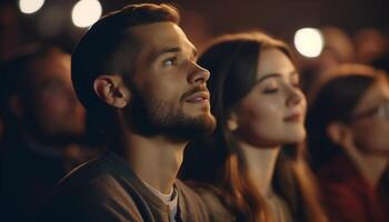 Young adults enjoying a night out, smiling and having fun generated by AI photo