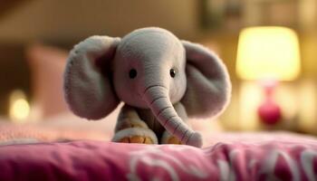 linda elefante juguete en un pequeño cama, adentro, jugando divertido generado por ai foto