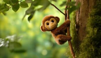 Cute monkey playing with a teddy bear in the forest generated by AI photo