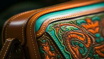 Leather suitcase, travel bag, fashion handle, elegant design, old fashioned decoration generated by AI photo