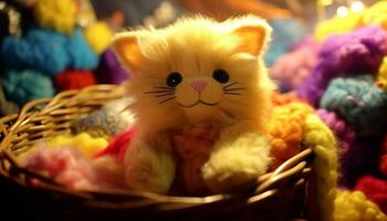 linda gatito jugando con un amarillo juguete cesta, mullido y suave generado por ai foto