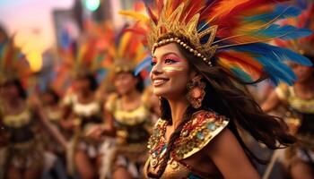 Smiling Brazilian women dancing, bringing happiness and fun to parade generated by AI photo