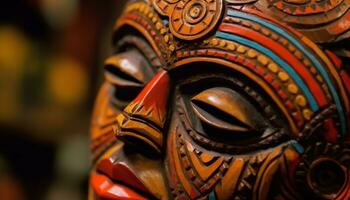 Ancient mask, wood sculpture, indigenous culture, tradition, ornament, spirituality generated by AI photo