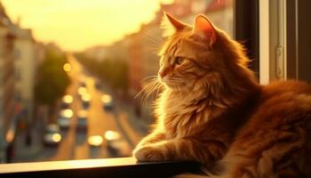 Cute kitten sitting by window, watching sunset, fluffy and playful generated by AI photo
