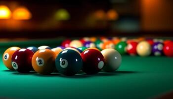 jugando snooker, puntería para éxito, en un vistoso piscina salón generado por ai foto