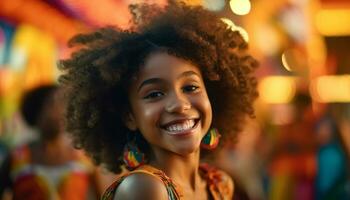 Smiling African woman with curly hair, joyful and carefree outdoors generated by AI photo