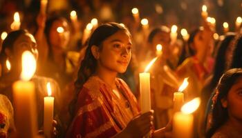 Women praying, candlelight burning, celebrating spirituality, illuminated by the flame generated by AI photo