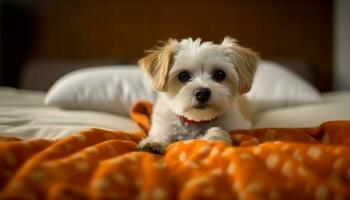 Cute puppy lying on bed, looking at camera, fluffy and charming generated by AI photo