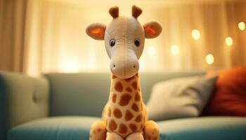 linda jirafa juguete sentado en un cómodo sofá, juguetón y alegre generado por ai foto