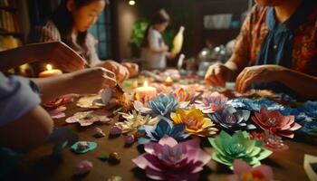 Women sitting together, holding a child, celebrating with homemade decorations generated by AI photo