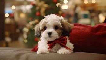 Cute puppy sitting by Christmas tree, looking at camera cheerfully generated by AI photo