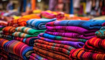 multi de colores textiles apilado en un almacenar, exhibiendo el textil industria generado por ai foto