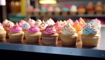 A cute homemade cupcake with pink icing and chocolate decoration generated by AI photo