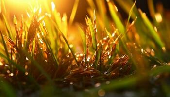 Fresco verde césped en el prado, Rocío gotas brillante en luz de sol generado por ai foto