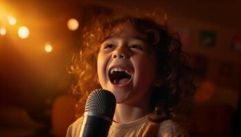 sonriente niño canto en escenario, trayendo alegría y felicidad generado por ai foto