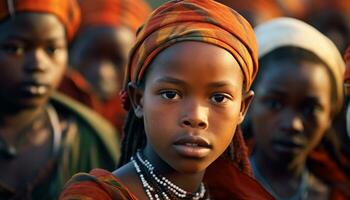 indígena cultura al aire libre, africano etnia retrato, niño sonriente, mirando a cámara generado por ai foto