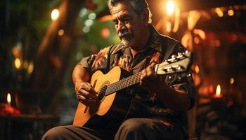 un maduro guitarrista jugando acústico guitarra, cautivador el audiencia atención generado por ai foto