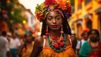 Smiling young women in traditional clothing celebrate Brazilian culture outdoors generated by AI photo