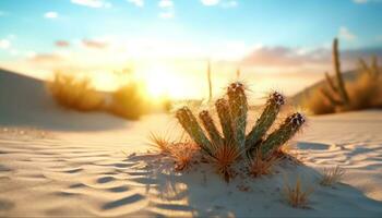 arena duna puesta de sol naturaleza belleza en árido clima, extremo terreno generado por ai foto