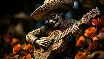 Guitar playing musician celebrates Mexican culture with colorful traditional festival generated by AI photo