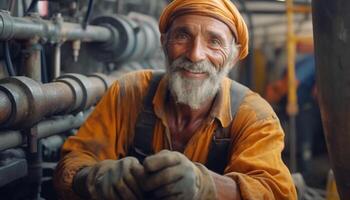 un experto mayor carpintero en un metal fábrica, con confianza trabajando generado por ai foto