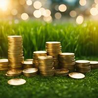 Piles of coins tacked coin on green grass growing money concept. photo