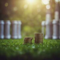 Piles of coins tacked coin on green grass growing money concept. photo