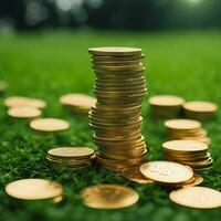 Piles of coins tacked coin on green grass growing money concept. photo