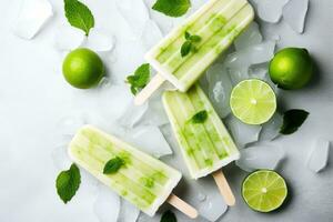 Homemade popsicles with lime, mint and ice on light background, Lime ice cream popsicles with lime and mint on white stone background, AI Generated photo