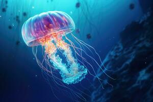 Jellyfish floating in deep blue water. 3d illustration, Jellyfish in the deep blue ocean. 3d illustration, AI Generated photo