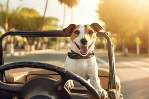 Jack Russell terrier perro conducción un convertible coche en un soleado día, Jack Russell terrier perro en un coche en el camino, ai generado foto