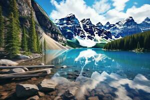 morena lago con reflexión en banff nacional parque, alberta, Canadá, lago morena, banff nacional parque, ai generado foto