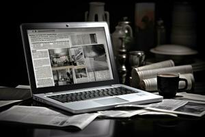 Laptop on a desk with a newspaper and a cup of coffee, laptop and newspapers on black and white background, business still life, AI Generated photo