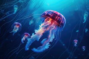 Jellyfish in the deep blue sea. 3d rendering, Jellyfish in the deep blue ocean. 3d illustration, AI Generated photo