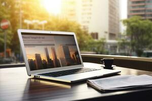 Laptop on wooden table with city view background. 3d rendering, Laptop and newspapers on the table, closeup. Business concept, AI Generated photo
