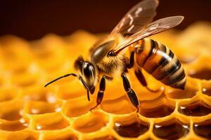 Close up view of the working bee on honeycells. Macro photography of bee on honeycells, Macro shot of a bee on honeycombs. Macro photography, AI Generated photo