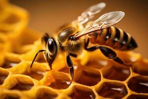 Close up view of the working bee on honeycells. Macro, Macro shot of a bee on honeycombs. Macro photography, AI Generated photo