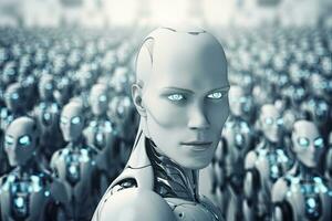 3D rendering of a female robot in front of a crowd of cyborgs, Humanoid robot in a crowd. 3d rendering toned image, AI Generated photo
