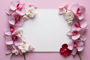 mensaje en pétalos blanco papel enmarcado por orquídeas en rosado ai generado foto